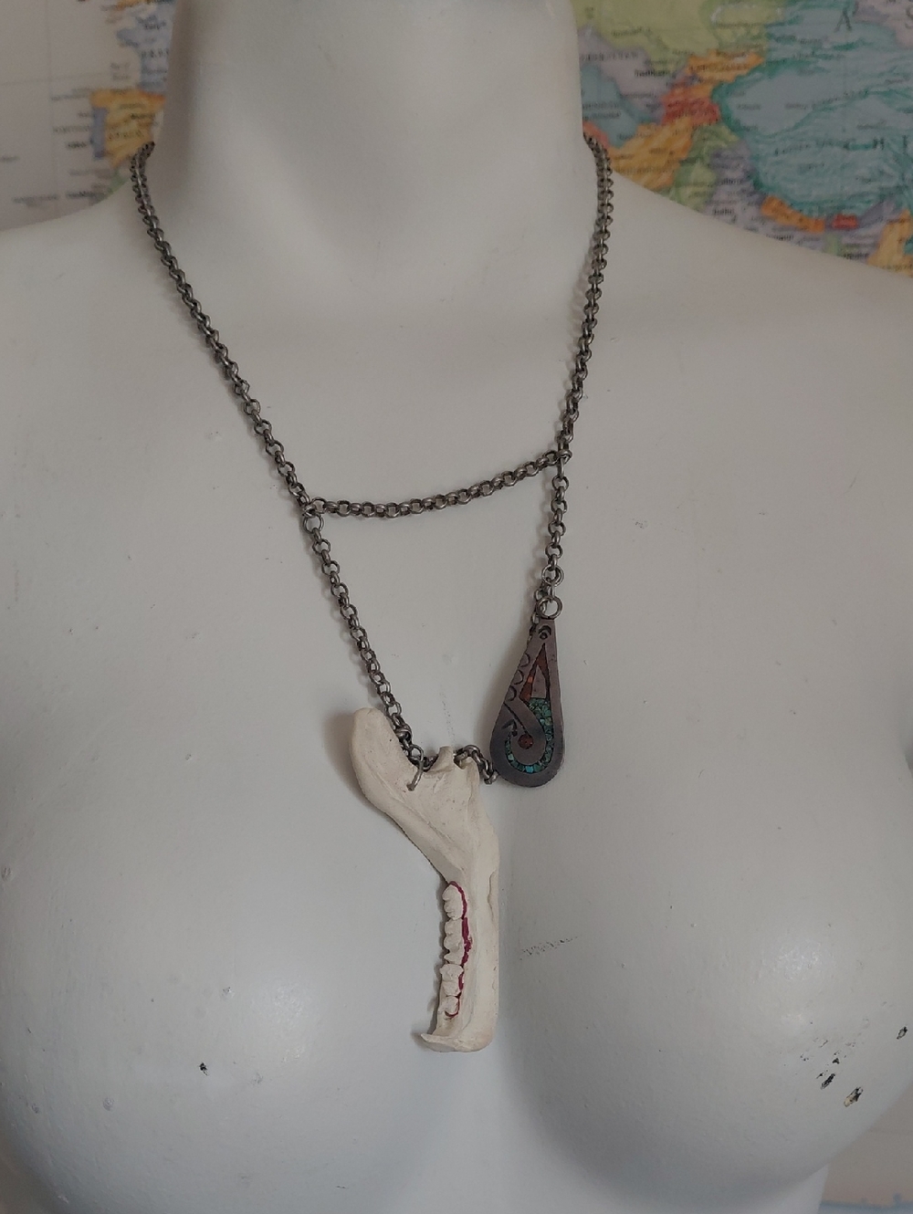 Handcrafted White Jawbone Necklace with Patina Teardrop Pendant